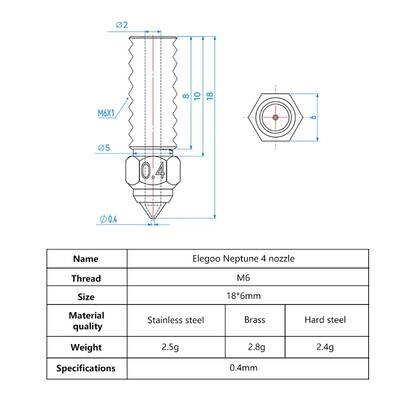 0.4mm Elegoo Neptun 4-4 Pro Sertleştirilmiş Çelik Nozzle