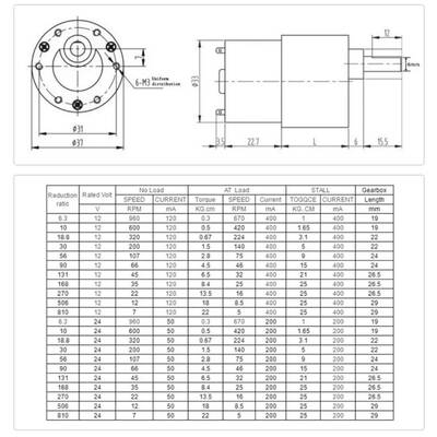 12V 35mm 960 RPM Redüktörlü DC Motor