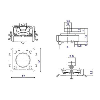 12x12x7.3mm Siyah Push-Tact Buton - 4 Pin