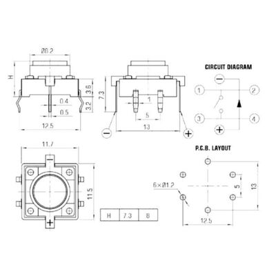 12x12x7.3mm Yeşil Led Işıklı Tact Switch Buton
