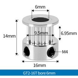 3D Yazıcı/CNC 16 Diş GT2-6mm Kasnak - 6mm Şaft Çapı - Thumbnail