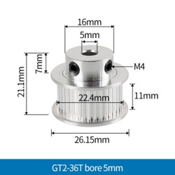 3D Yazıcı/CNC 36 Diş GT2-10mm Kasnak - 5mm Şaft Çapı - Thumbnail