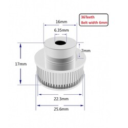 3D Yazıcı/CNC 36 Diş GT2-6mm Kasnak - 6.35mm Şaft Çapı - Thumbnail