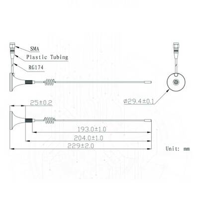 GSM Whip Anten - 3dbi 3m RG174 Kablolu- SMA Erkek