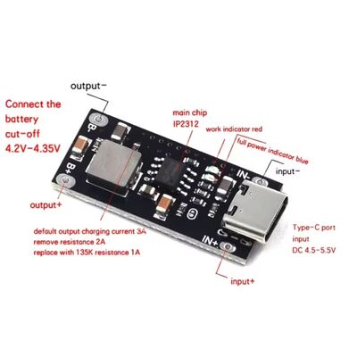 IP2312 3A Lityum Pil Hızlı Şarj Modülü - Type C