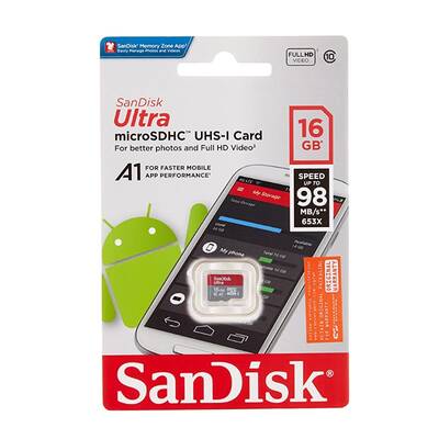 Sandisk Ultra 16GB 98MB/S Class 10 microSDXC Hafıza Kartı - A1 Serisi